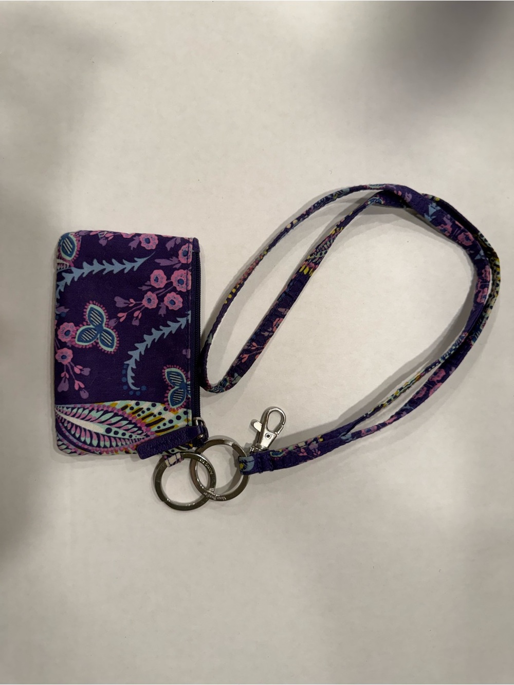 Vera Bradley Zip ID Case Wallet & Lanyard Set Batik Leaves Purple Paisley